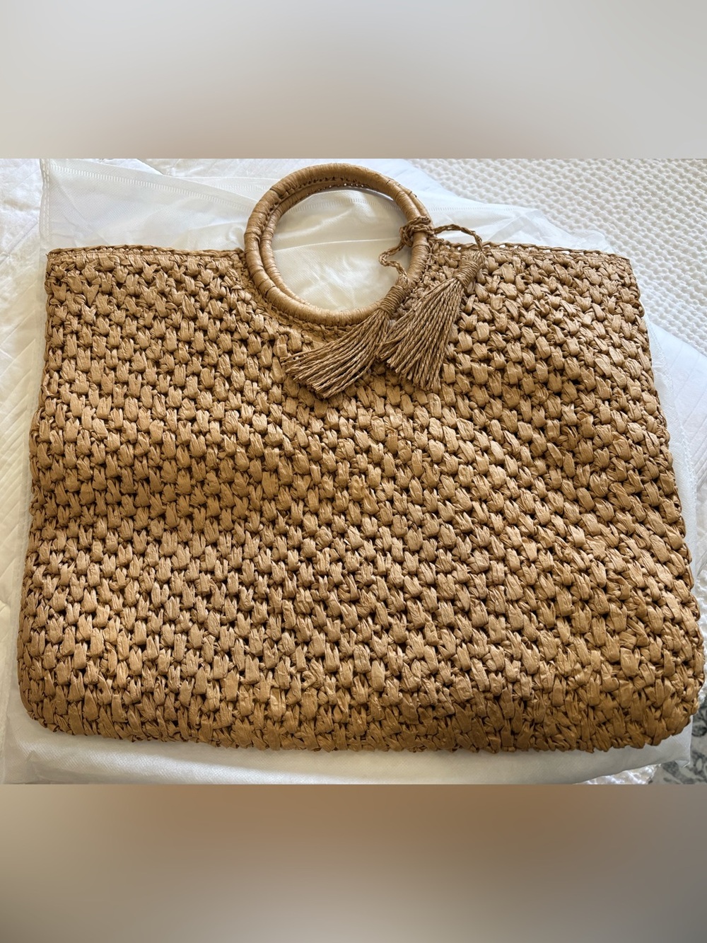Raffia Woven Round Handle Tassel Tote